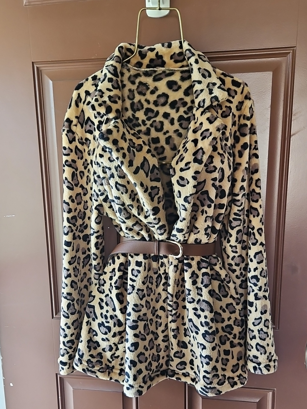 Leopard Print Faux Fur Jacket  *Belt NOT INCLUDED* - Tan/Black